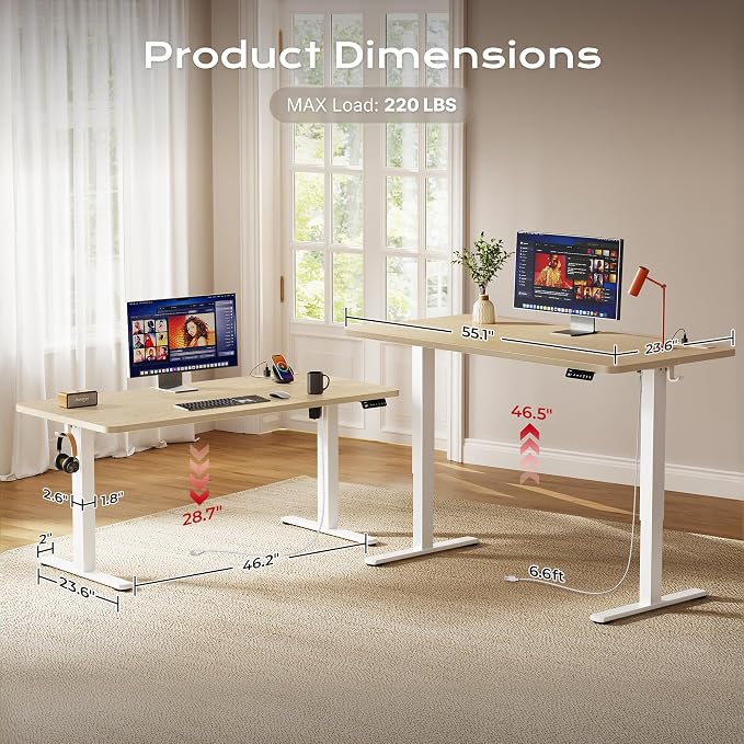 Huuger Electric Standing Desk with Power Outlets and USB-C Port, 55 X 24 Inch Height Adjustable Desk, Sit Stand Desk for Home Office, Computer & Gaming Desk with 4 Presets, Stable Steel Frame, Marple - Image 5