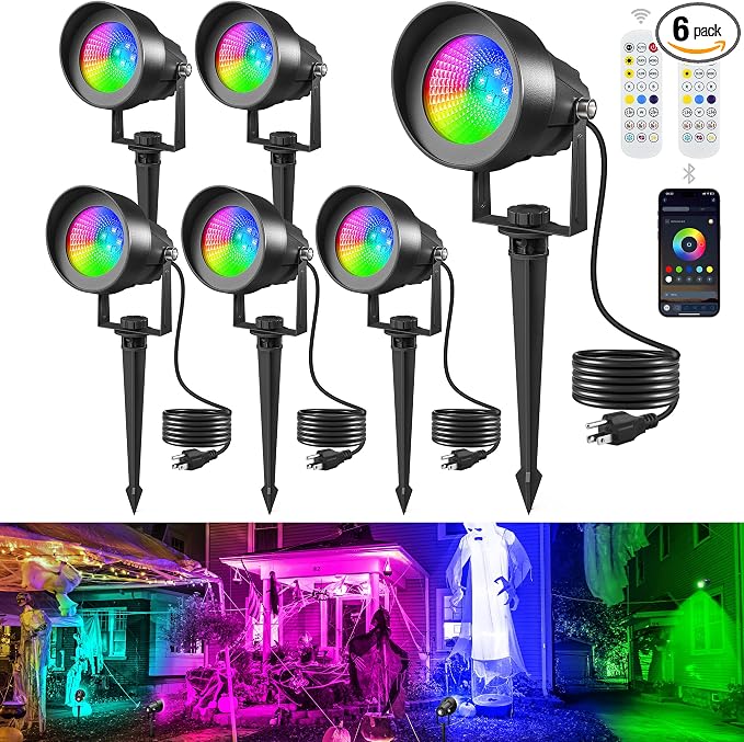 T-SUN Smart Color Changing Landscape Lights, RGBW Spotlights Outdoor with App & Remote, Music Sync, DIY Scenes, Timing, Dimmable Waterproof Spot Light for Yard Garden Tree Decoration, 6 Pack by T-SUN