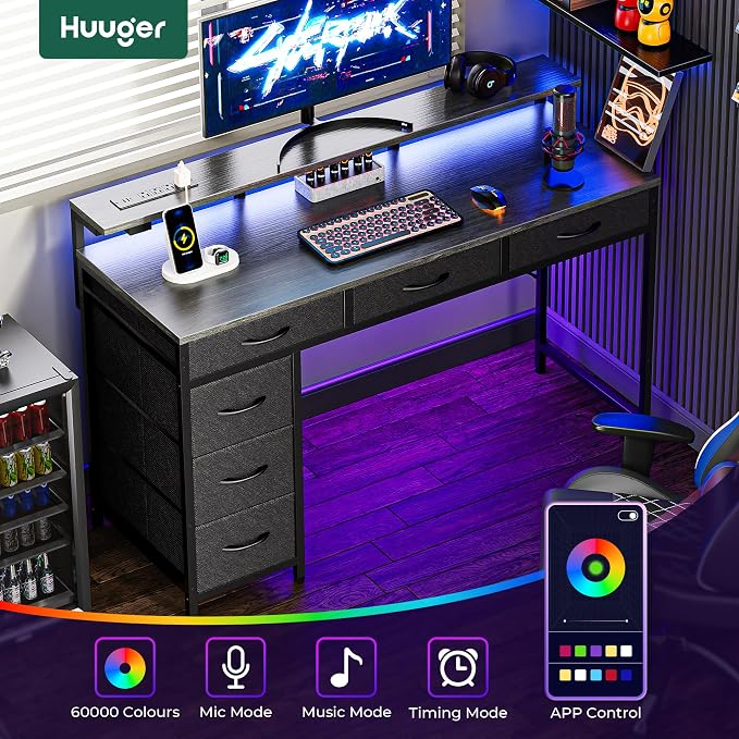 Huuger Gaming Desk with 6 Drawers, Computer Desk with LED Lights Power Outlets and Type-C, 47 Inch Office Desk with Storage, Monitor Stand, Writing Work Desk Home Office, Bedroom, Study, Grey - Image 4