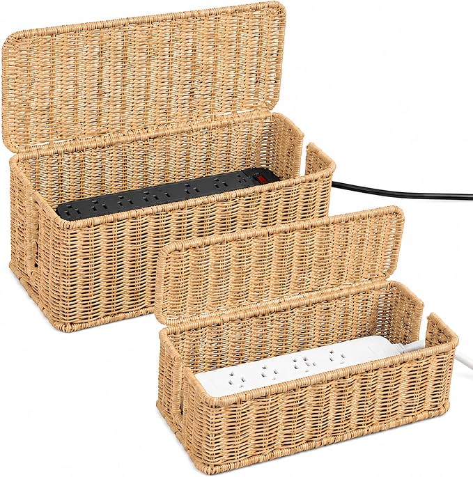 Cable Management Box Set of 2 Sizes, Handmade Rattan Cable Organizer with 2 Open Slots, Cord Hider for Power Strip, Router & USB Hub, Registered U.S. Design Patent (D1,112,102), Natural by Cantalop
