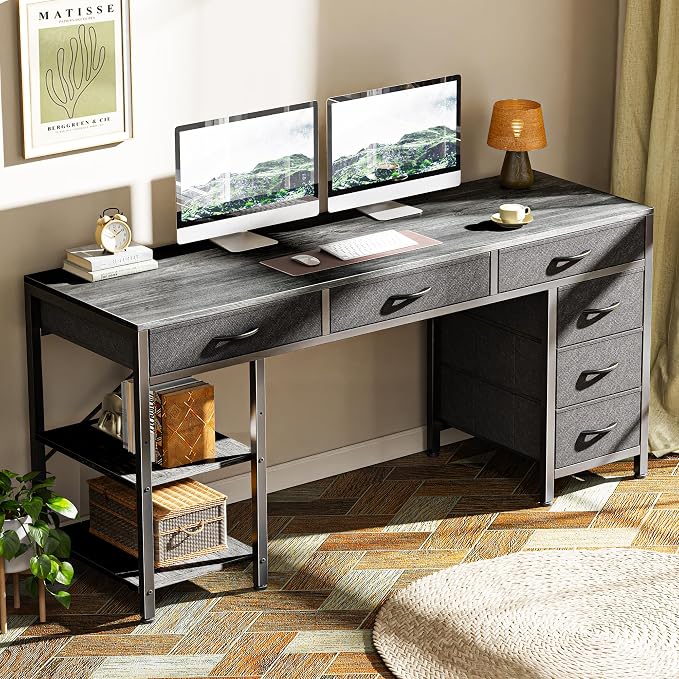 Huuger Computer Desk with 6 Drawers, Office Desk with Shelves, Reversible Gaming Desk, Corner Desk with Storage, Work for Home Office, Study, Living Room, 54inch, Grey - Image 8