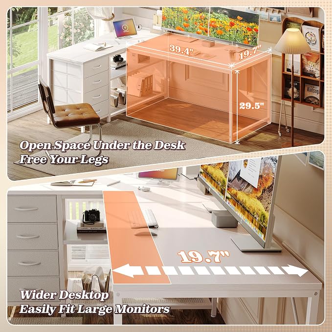 PRAISUN 53" L Shaped Desk with Power Outlets & USB-C Port, Reversible Computer Corner Office Desk with 4 Fabric Drawers and 2 Storage Shelves, Large Desk for Gaming Writing Work Study, White - Image 7