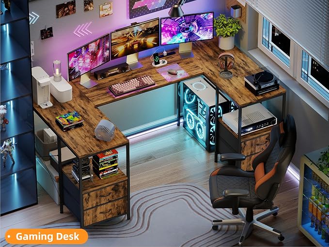 YOSHOOT 67" U Shaped Computer Desk, Reversible L Shaped Gaming Desk | Corner Desk with Power Outlets, 4 Drawers, 2 Storage Shelf, Computer Table with 4 Installation Methods, Rustic Brown - Image 8