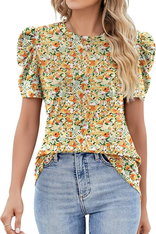 Ivicoer Puff Short Sleeve Shirt for Women Eyelet Tops Summer Crewneck Blouse Loose Fit S-XXL by Ivicoer