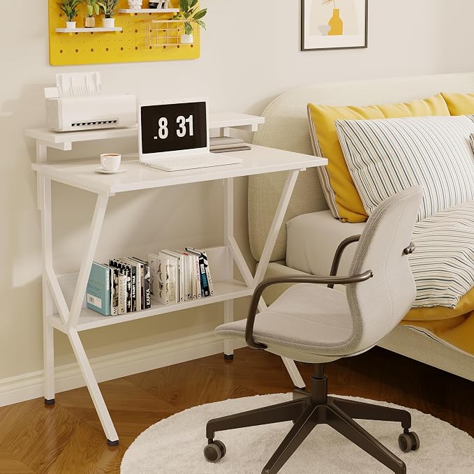 COTUBLR Small Desk, 27.5 Inch Small Computer Desk for Small Spaces, Computer Desk with Adjustable Monitor Stand, Compact Desk with Storage, Tiny Desk Study Desk for Bedroom Home Office, White - Image 8