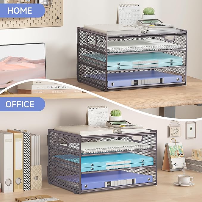 Subekyu Paper Letter Tray Organizer for Desk, Gray Metal Mesh Desk File Sorter Organizer with Handle and 2 Sliding Trays for Home Office School Supplies Organization - Image 3