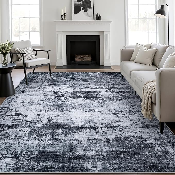 6x9 Area Rug Living Room Rug: Washable Modern Abstract Soft Thin Rug Indoor Floor No Slip Stain Resistant Carpet for Bedroom Dining Room Farmhouse Nursery Home Office - Black by FXRHLP