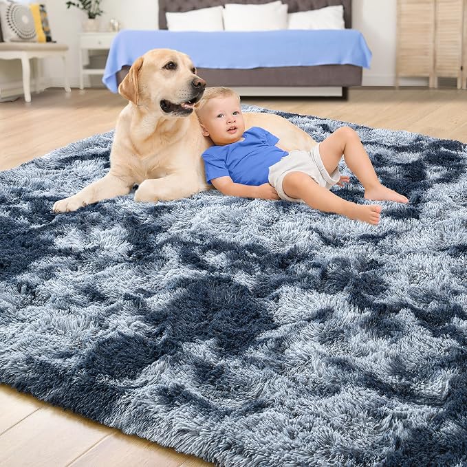 Tepook Area Rugs 9x12 for Living Room, Super Soft Fluffy Rugs for Bedroom, Modern Shaggy Rug Fuzzy Carpets for Kids, Plush Indoor Nursery Home Decor Rug with Non-Slip Bottom, Tie-Dyed Blue and Grey - Image 4