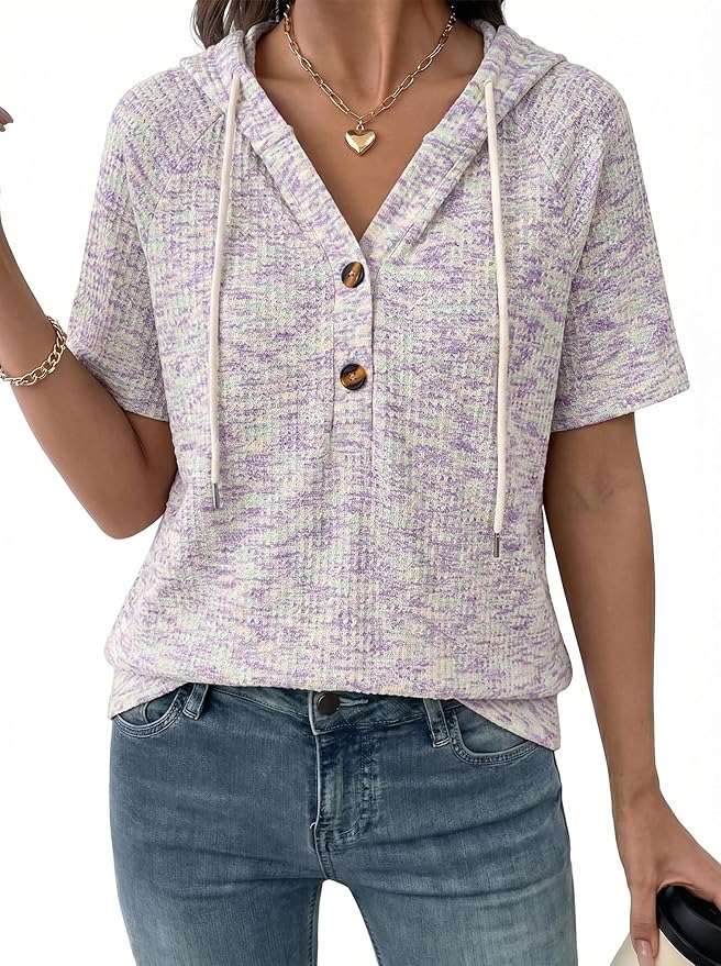 Dokotoo Womens Summer Tops 2026 Short Sleeve Button V Neck Waffle Knit Lightweight Drawstring Hoodies Casual Blouses Shirts by Dokotoo