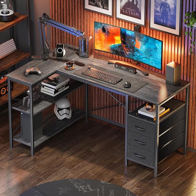 Huuger L Shaped Office Desk with Power Outlets, 47 Inch Computer Desk with 3 Drawers, Shelves, for Gaming, Corner Work, Home Office, Study, Grey - Image 8