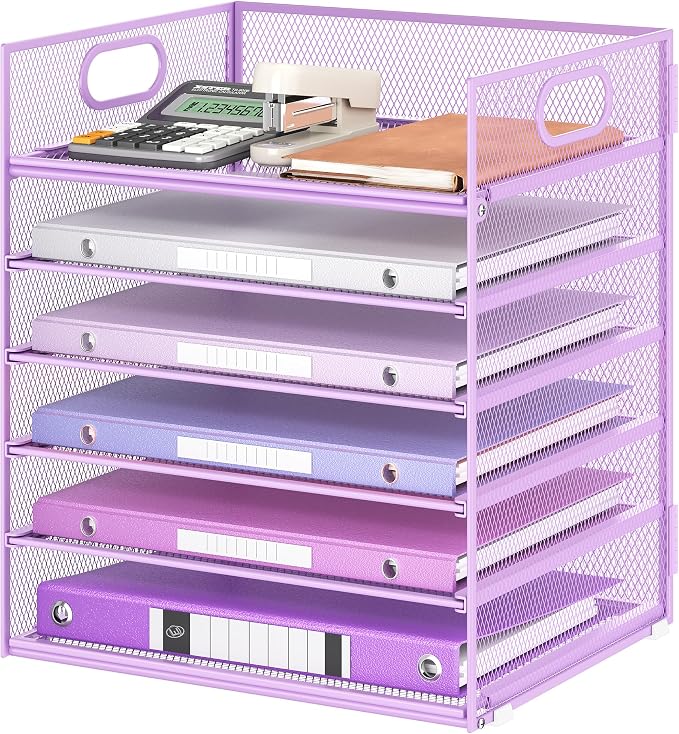 6 Tiers Letter Tray Paper Organizer with Handle, Mesh Desk File Organizer, Metal Desktop Document Shelf Organization, Paper Sorter Organizer for Office, Home or School File Folder Holder - Purple by Lavatino