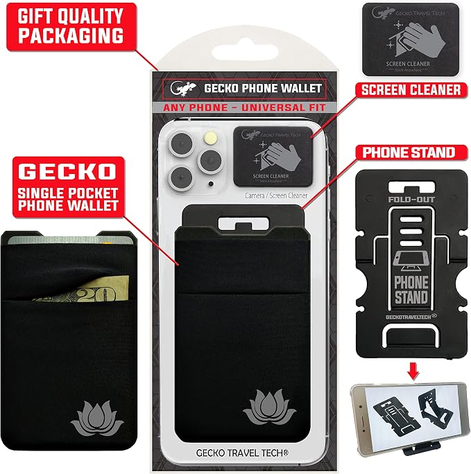 Gecko Travel Tech Double Pocket - Adhesive Card Holder - Cell Phone Pouch - Stick on Spandex Pocket - Carry Credit Cards and Cash (Lotus) - Image 5