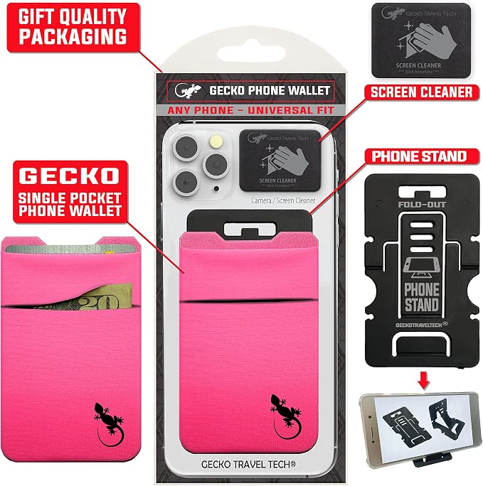 Gecko Travel Tech Double Pocket - Adhesive Card Holder - Cell Phone Pouch - Stick on Spandex Pocket - Carry Credit Cards and Cash (PINK BLACK) - Image 7