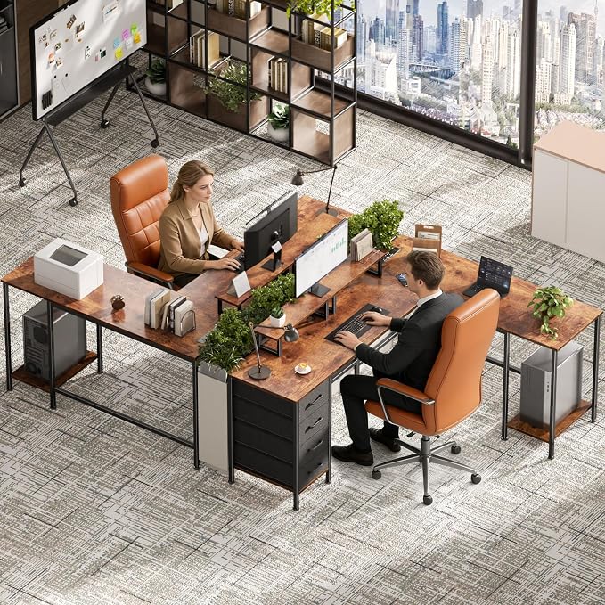 Korfile 66 inch L Shaped Computer Desk with Power Outlets, Rustic Brown | Ideal for Home Office, Bedroom, Corner, 4 Adjustable Storage Drawers, 2 Monitor Stands, Reversible, Two Person Gaming Table - Image 2