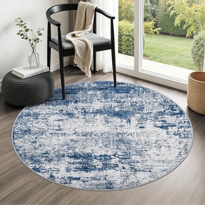 Round Area Rug for Living Room: 4 ft Washable Modern Abstract Soft Thin Rug Indoor Floor No Slip Stain Resistant Carpet for Bedroom Dining Room Farmhouse Nursery Home Office - Blue by FXRHLP
