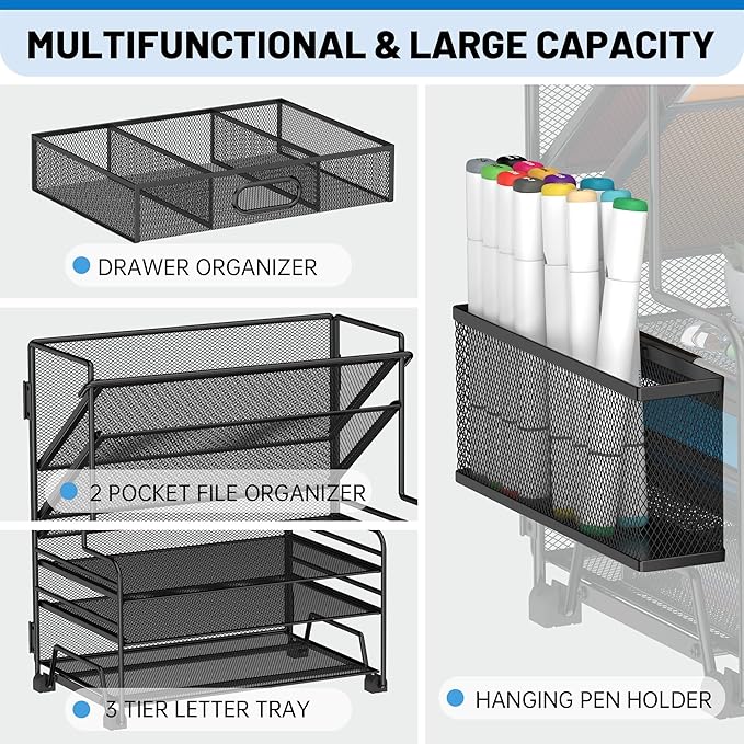 5 Tier Desk Organizer with Drawer & Pen Holders, Desk File Organizer Letter Tray Paper Organizer, Black - Image 3