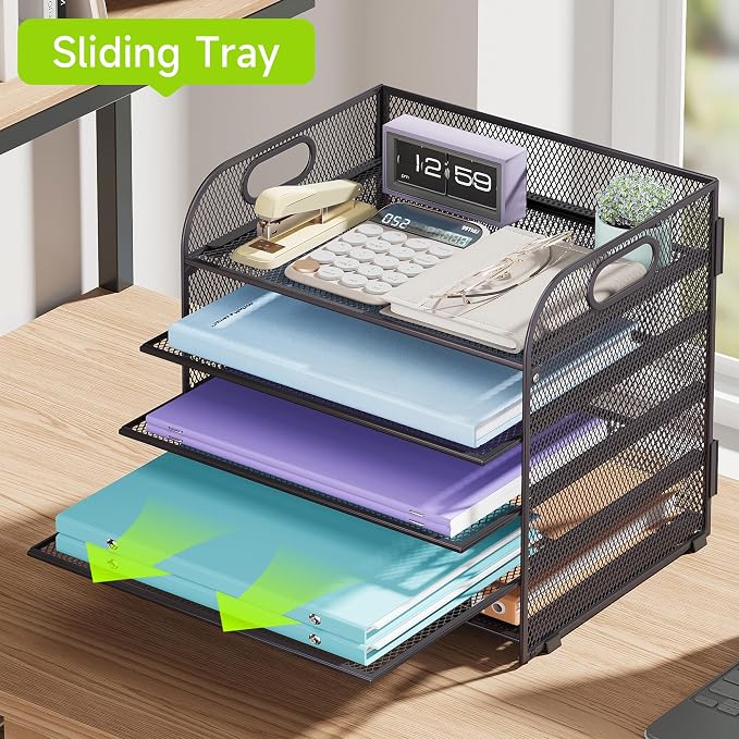 Cawukege 5 Tier Paper Organizer with Handle, Grey Metal Mesh Desk Organizer File Folder Paper Letter Tray Desktop Document Sorter for Classroom, School, Office Accessories Organization and Storage - Image 3