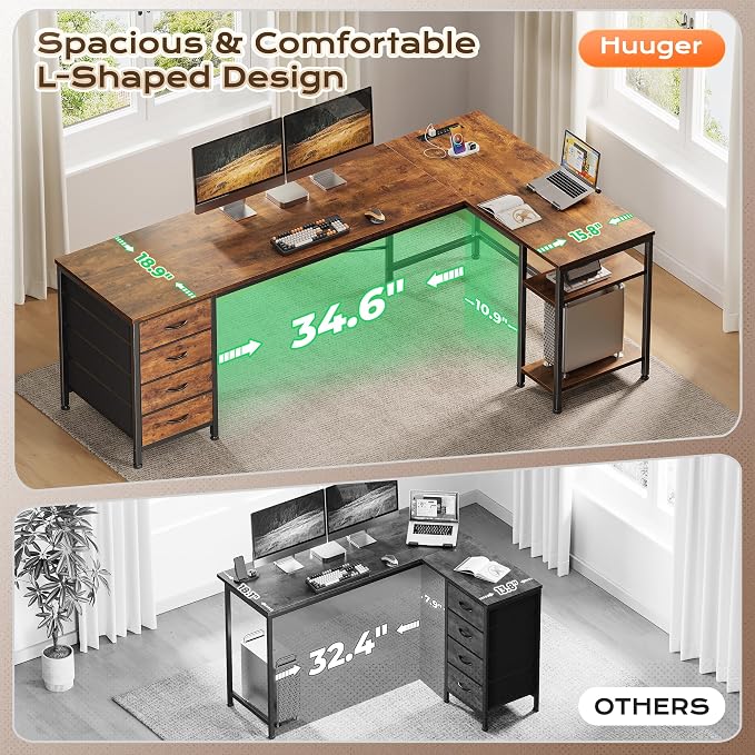 Huuger 63 Inch L Shaped Desk with Fabric Drawers, Computer Office Desk with Power Outlets and USB-C Port, Corner Desk with Storage Shelves, Work Study Home Office, Reversible, Rustic Brown - Image 7