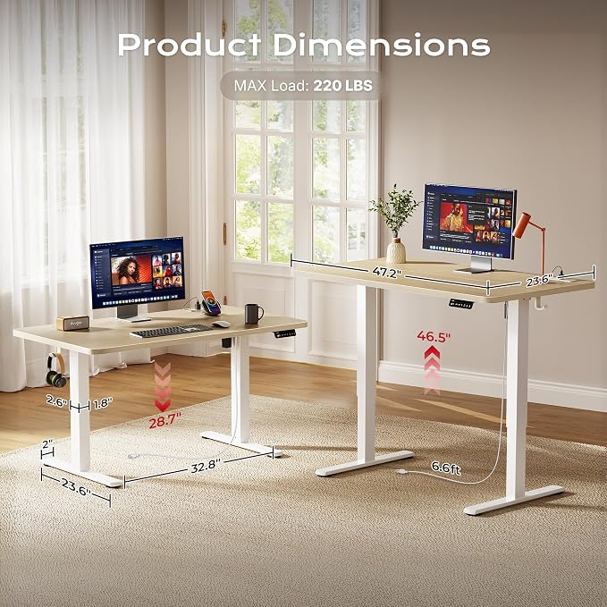 Huuger Electric Standing Desk with Power Outlets and USB-C Port, 47 X 24 Inch Height Adjustable Desk, Sit Stand Desk for Home Office, Computer & Gaming Desk with 4 Presets, Stable Steel Frame, Marple - Image 5