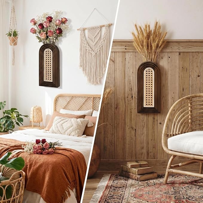Dnnnii 2 Pack Wooden Wall Vase Set - Dark Brown Finish Hollow Rattan Modern Farmhouse & Boho Wall Decor for Entryway, Hallway, Bathroom, Living Room, Dining Room, Narrow Spaces - Image 5