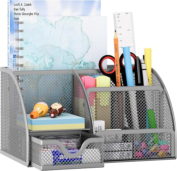 EasyPAG Mesh Desk Organizer with Drawer Multi-functional Pen Holder Stationery Organizer for Office School Supplies 6 Compartments Dorm Organizers and Storage for Desk, Silver by EasyPAG