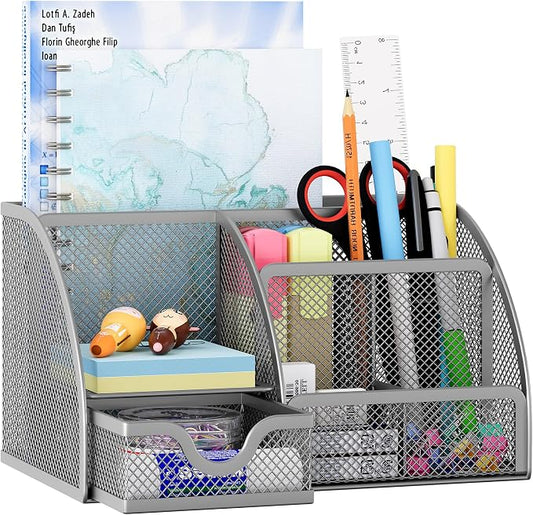 EasyPAG Mesh Desk Organizer with Drawer Multi-functional Pen Holder Stationery Organizer for Office School Supplies 6 Compartments Dorm Organizers and Storage for Desk, Silver by EasyPAG