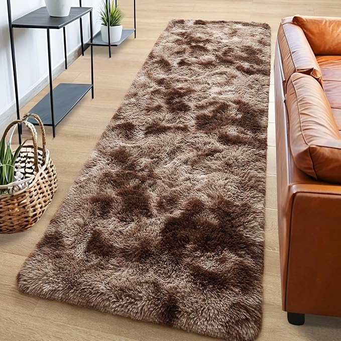 Tepook Fluffy Runner Rugs for Bedroom Aesthetic 2x6 Feet, Shag Soft Bedside Rug with Non-Slip Bottom, Fuzzy Plush Carpet for Room, Hallway Rug for Nursery Dorm Indoor Home Decor, Tie-Dyed Coffee - Image 2