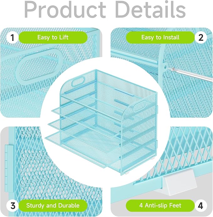 Cawukege 2 Pack 5 Tier Paper Organizer, Letter Tray with Handle, Mesh Desk Organizer, Metal File Organizer, Office Desk Accessories for Home, Office, Classroom, School -Blue - Image 4