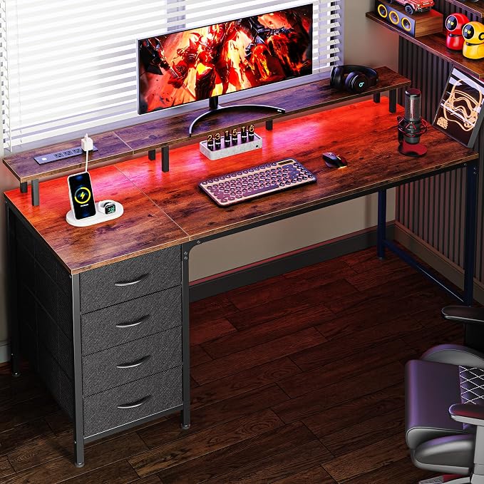 Huuger 55 Inch Computer Desk with Power Outlets and LED Lights, Gaming Desk with 4 Drawers, Office Desk with Monitor Stand, Study Work Home Office, Rustic Brown by Huuger