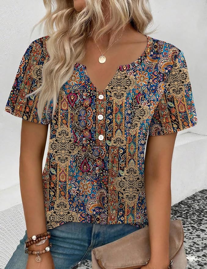 Zeagoo Womens Short Sleeve Tops Summer Henley V-Neck Tshirts Casual Pleated Blouse Dressy Loose Floral Basic Tee - Image 3