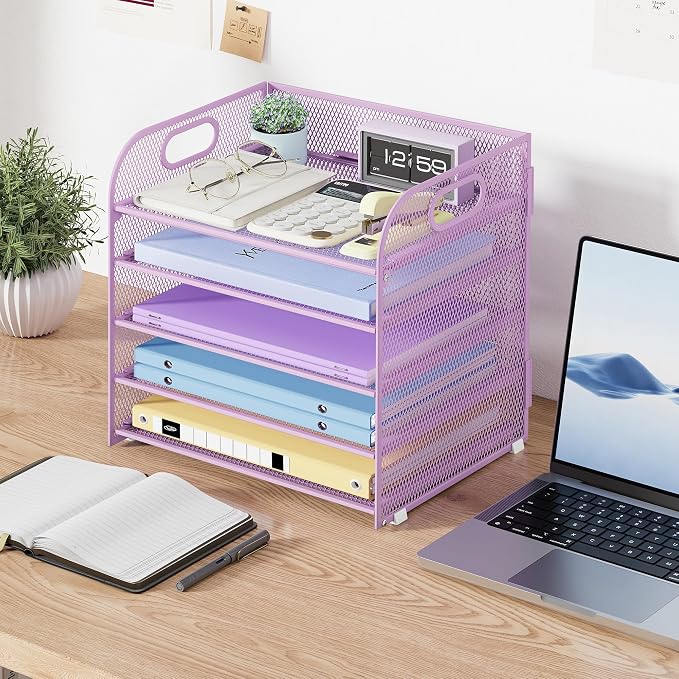 Cawukege 5 Tier Paper Organizer with Handle, Metal Mesh Desk Organizer File Folder Paper Letter Tray Desktop Document Sorter for Classroom, School, Office Accessories Organization and Storage - Purple - Image 7