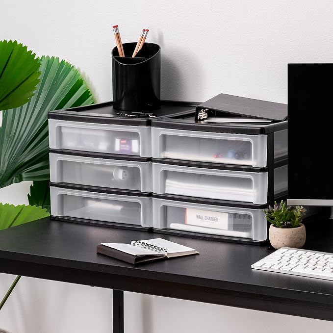 IRIS USA 2-Pack, 3-Drawer Medium Plastic Stacking Desktop Organizer, Black | Organize office supplies, stationery, makeup, craft materials and everyday essentials for neat desktop storage - Image 7