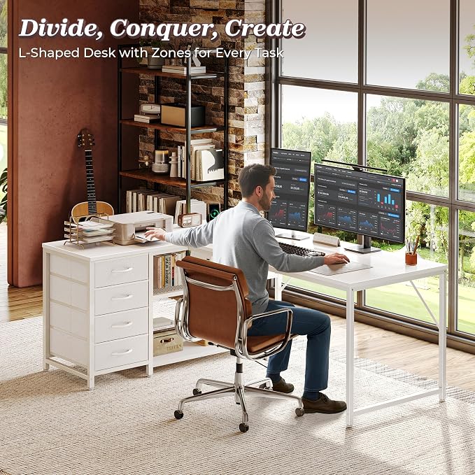 PRAISUN 53" L Shaped Desk with Power Outlets & USB-C Port, Reversible Computer Corner Office Desk with 4 Fabric Drawers and 2 Storage Shelves, Large Desk for Gaming Writing Work Study, White - Image 3
