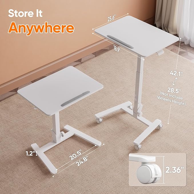 Monomi 25“ Mobile Folding Desk,Pneumatic Sit-Stand Table,No Assembly,White | Height Adjustable Rolling Laptop Desk,Space-Saving Portable Small Desk with Wheels,Ideal for Home Office,Craft & Study - Image 2