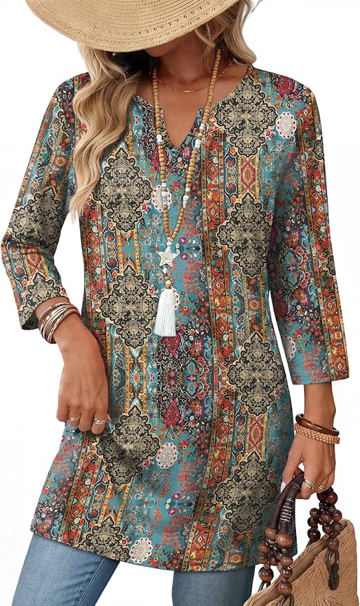 OFEEFAN Summer Boho Tops For Women 3/4 Length Sleeve Womens Tops Vacation Outfits by OFEEFAN
