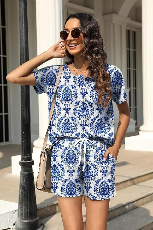 WIHOLL Two Piece Outfits for Women Lounge Sets Button Down Top and Shorts Set Sweatsuits with Pockets - Image 2