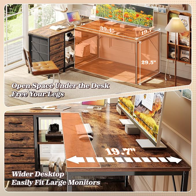 PRAISUN 53" L Shaped Desk with Power Outlets & USB-C Port, Reversible Computer Corner Office Desk with 4 Fabric Drawers and 2 Storage Shelves, Large Desk for Gaming Writing Work Study, Rustic Brown - Image 6