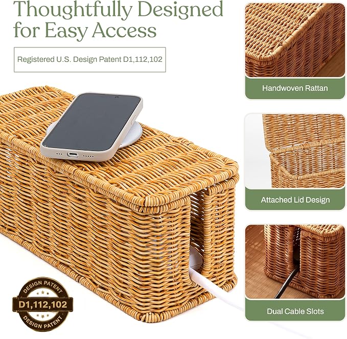 Cable Management Box Set of 2 Sizes, Handmade Rattan Cable Organizer with 2 Open Slots, Cord Hider for Power Strip, Router & USB Hub, Registered U.S. Design Patent (D1,112,102), Natural - Image 6