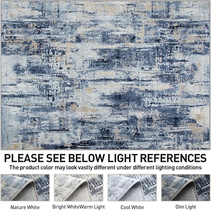 9x12 Area Rugs Washable Rug: Modern Abstract Living Room Rug Soft Anti-Skid Thin Carpet Indoor Floor Non-Shedding Carpets for Bedroom Dining Room Farmhouse Nursery Home Office Blue Gold - Image 6