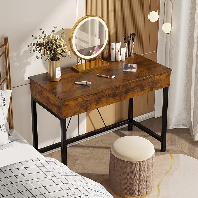 Mexin Small Desk with 2 Wooden Drawers, 40 Inch Home Office Writing Desk, Vanity Desk with Storage, Computer Desk for Bedroom Small Spaces, Table for Office, Kids Study, Makeup, Rustic Brown - Image 9