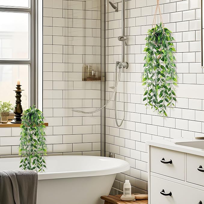 Der Rose 2 Pack Fake Hanging Plants Small Artificial Plants Faux Pea Pod Plants Indoor for Aesthetic Living Room Office Shelf Decor - Image 4