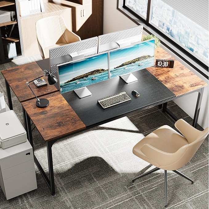 Huuger Computer Desk, 70 Inch Office Desk, Gaming Desk with Storage, Writing Desk Work Desk for Home Office, Study, Long Simple Desk, Large Legroom, Metal Frame, Rustic Brown and Black - Image 2