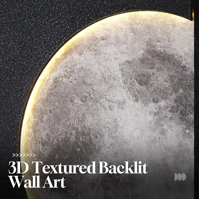Large 3D LED Moon Wall Art, Modern Minimalist Backlit Lighted Lunar Artwork for Walls, Vertical Contemporary Black Textured Paintings for Living Room Bedroom Dining Room Hallway Entryway Wall Decor 24x36 In - Image 8