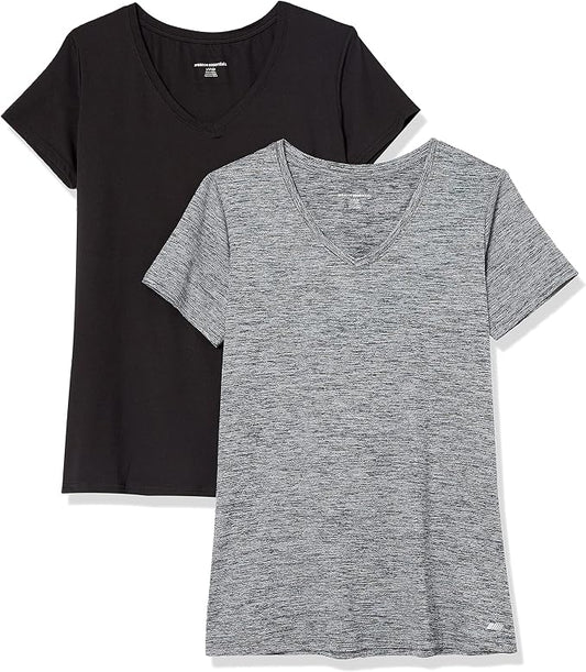 Amazon Essentials Women's Active Quick Dry Tech Stretch Short-Sleeve V-Neck T-Shirt (Available in Plus Size), Pack of 2 by AmazonEssentials