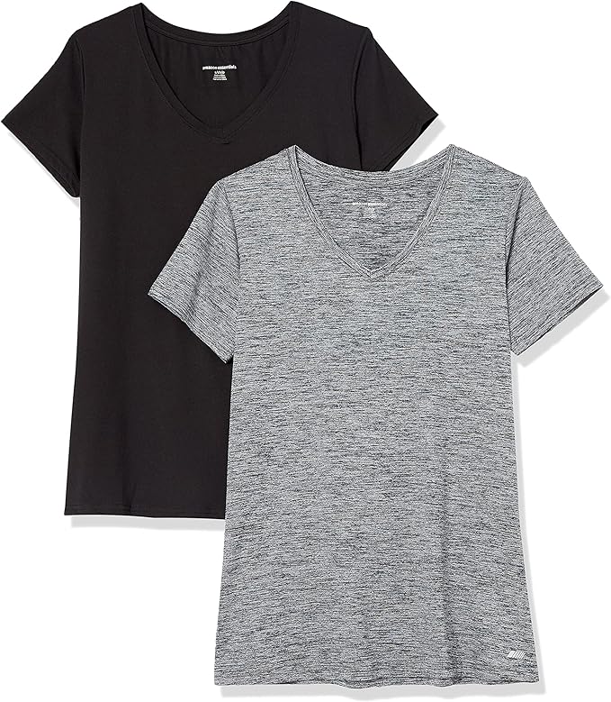 Amazon Essentials Women's Active Quick Dry Tech Stretch Short-Sleeve V-Neck T-Shirt (Available in Plus Size), Pack of 2 by AmazonEssentials