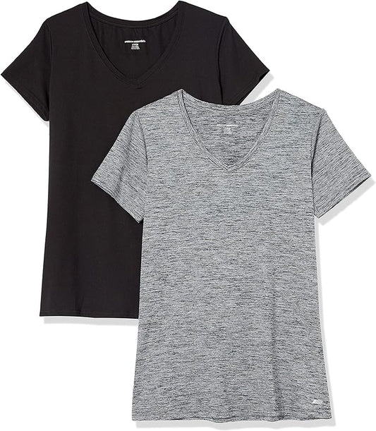 Amazon Essentials Women's Active Quick Dry Tech Stretch Short-Sleeve V-Neck T-Shirt (Available in Plus Size), Pack of 2 by AmazonEssentials