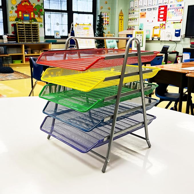 Mind Reader 5-Tier Paper Tray Organizer with Multicolor Trays, Classroom File Organizer for Teachers, Metal Mesh, Assorted Colors - Image 5