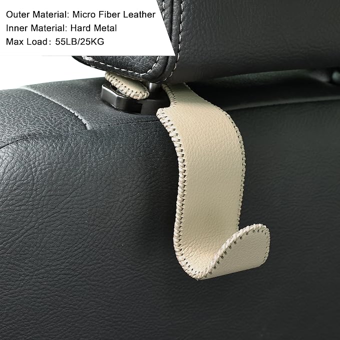 Amooca Car Seat Headrest Hook 4 Pack Metal Core Hanger Universal Car Storage Organizer for Handbag Purse Coat S Type Leather Beige - Image 5