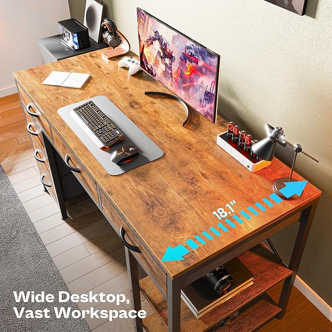 Huuger Computer Desk with 6 Drawers, Office Desk with Shelves, Reversible Gaming Desk, Corner Desk with Storage, Work for Home Office, Study, Living Room, 54inch, Rustic Brown - Image 4