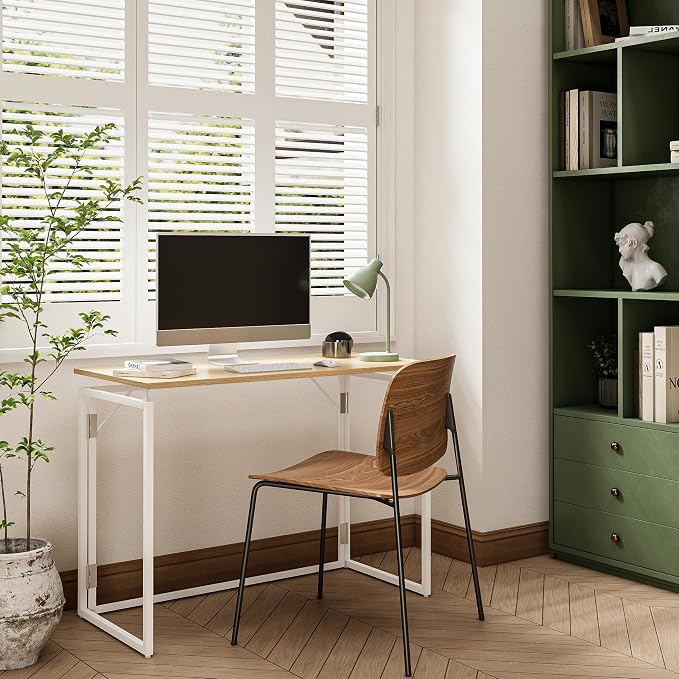 alawooder 39.4" Folding Desk: No Assembly, Wood Top for Small Spaces | 39.4 in dual-monitor workspace, holds 150 lbs, folds flat to 2.3 in, splash-proof top, home office or gaming - Image 6